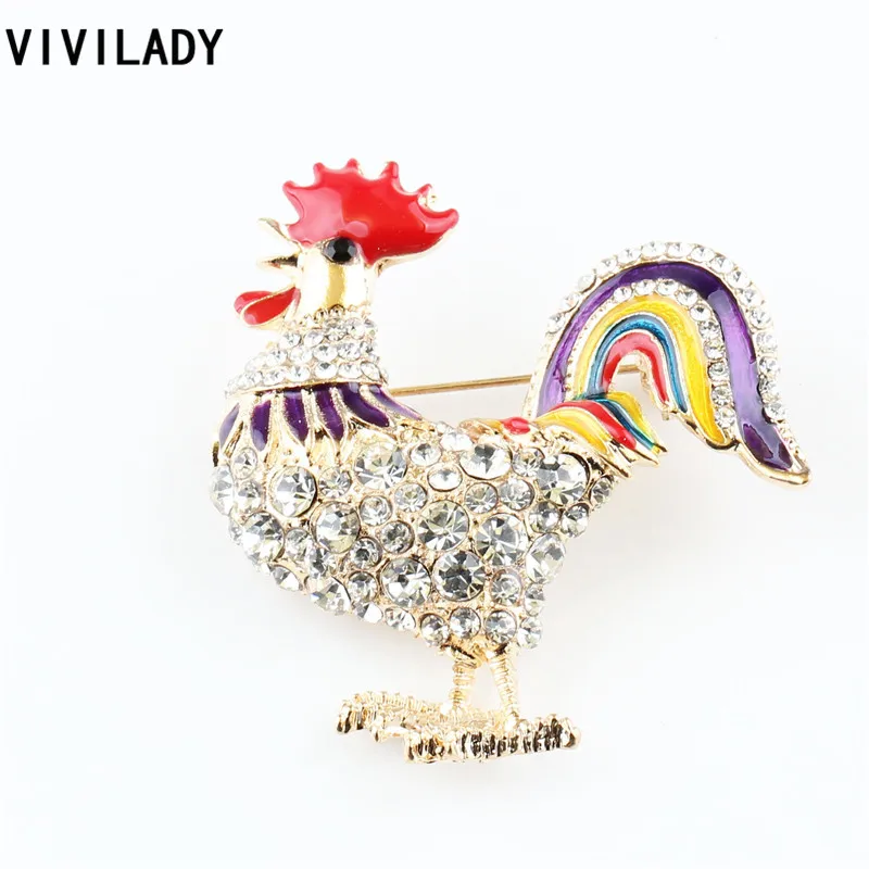 VIVILADY Trendy Rooster Breastpin Enamel Rhinestone Cock Chicken Collar Brooch Pins Women Kids Costume Bijoux Accessory OL Gifts