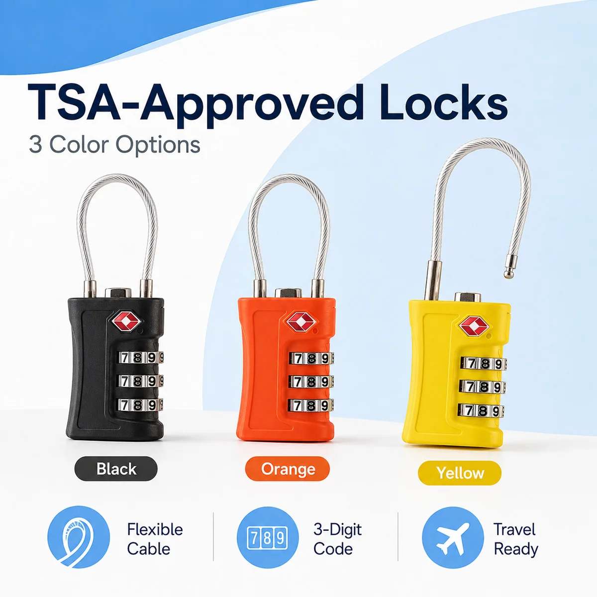 TSA Approved Luggage Lock 3 Digit Combination Cable Padlock for Suitcase Travel Bag Backpack Gym Locker Home Security Portable - view 2