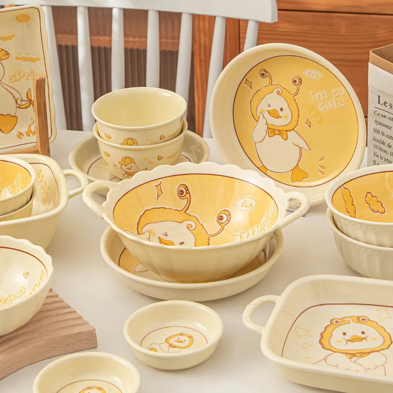 Cute Cartoon Duck Ceramic Tableware Household Soup Noodle Bowls Fruit Steak Food Plate Dishes Creative Porcelain Dinnerware