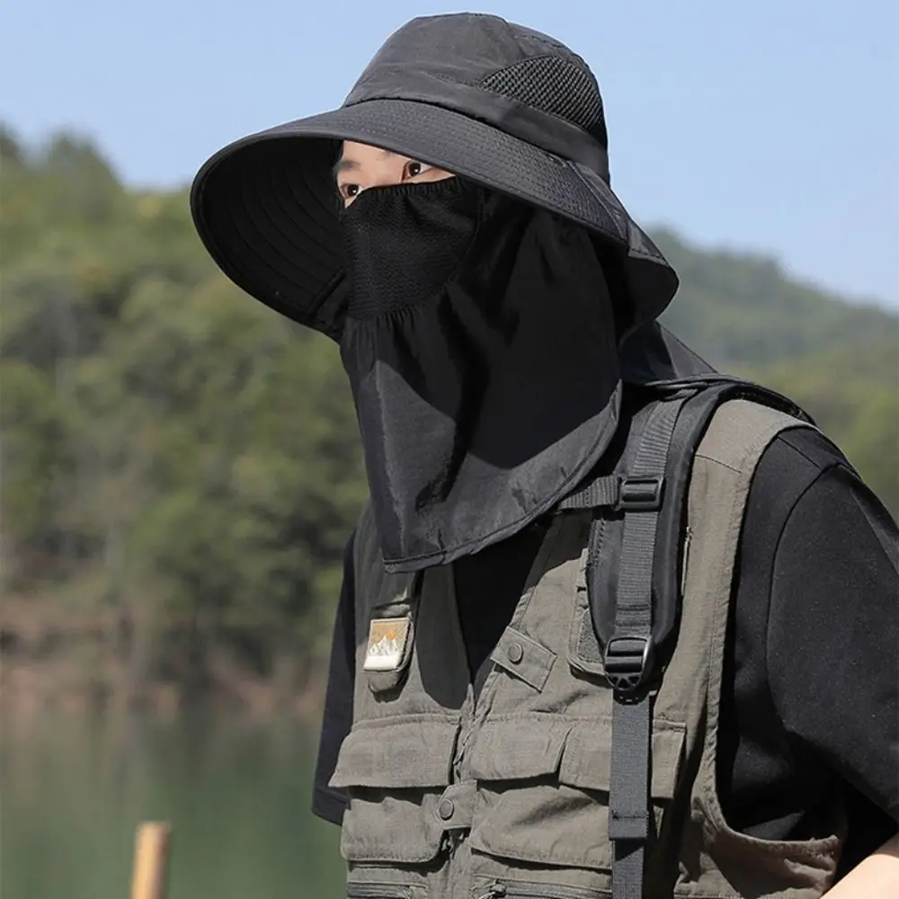 Removable Drawstring Fisherman Hat Quick-drying with Neck Cover Wide Brim Sun Hat With Mask Sun Protection Hiking Hat Summer
