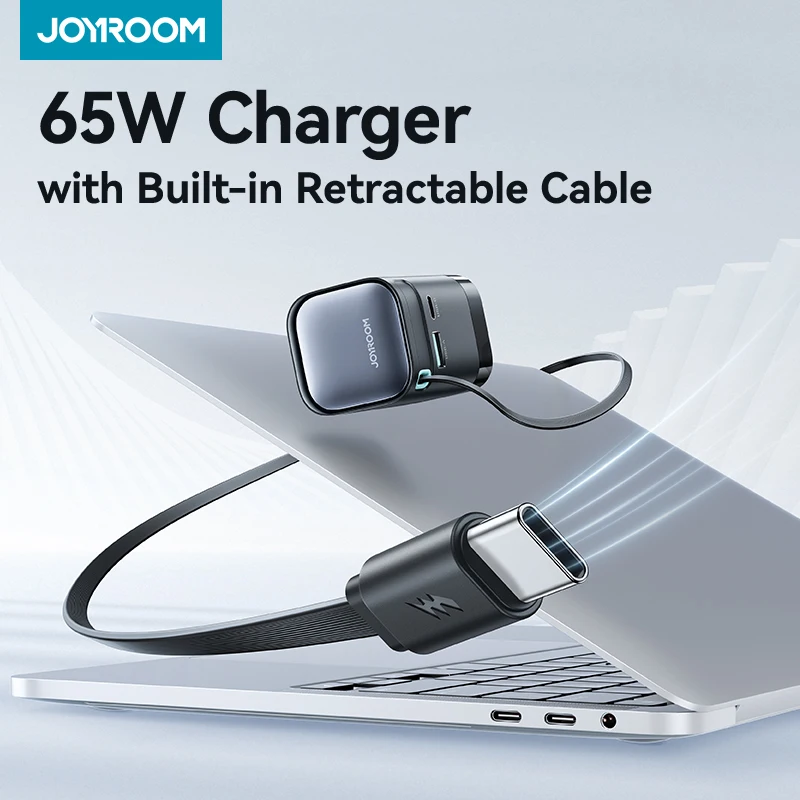 Joyroom 65W GaN USB Charger With Retractable Type-c Cable for Phone Tablet Laptop Fast Charging for iPhone Samsung Macbook