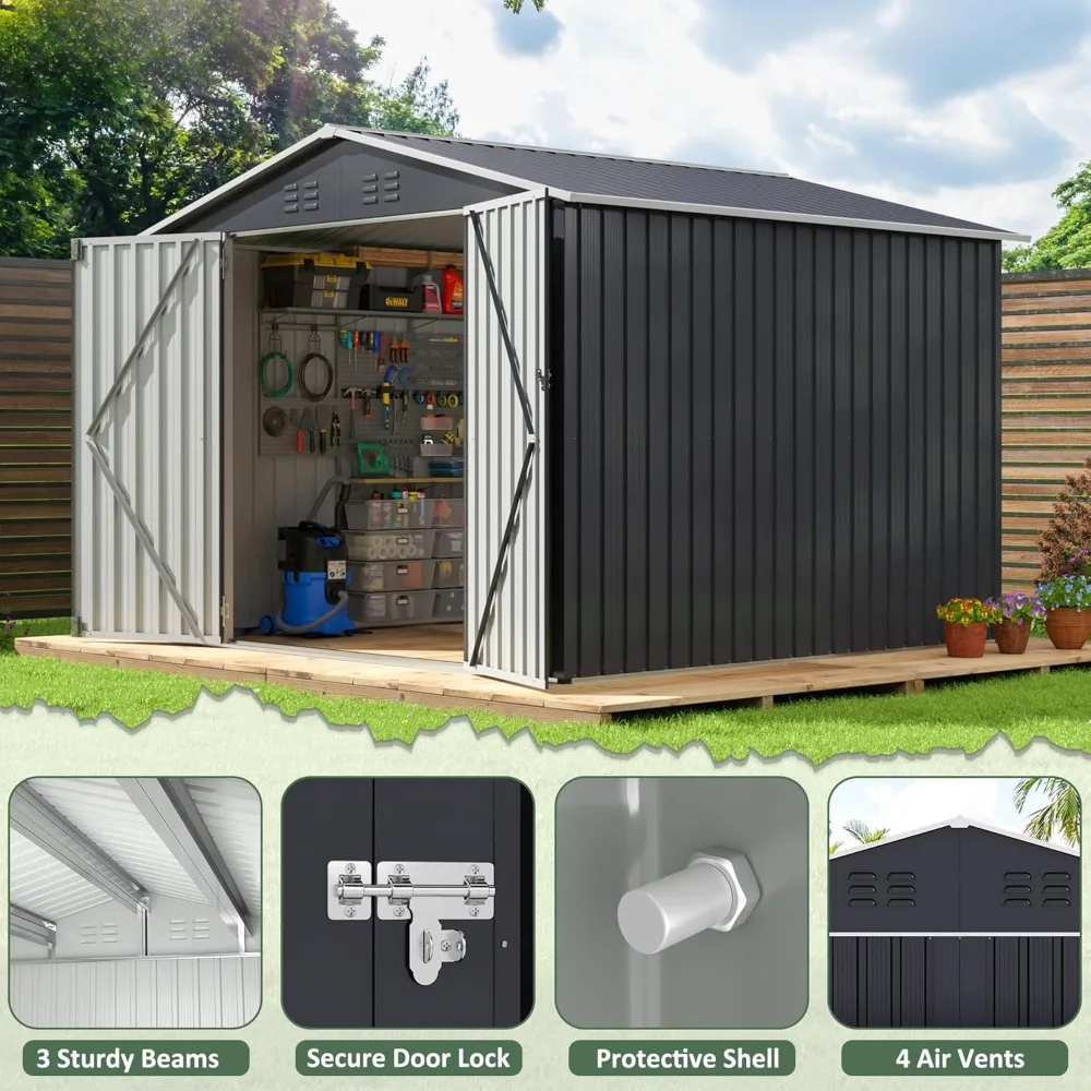 8x8 FT Outdoor Storage Shed, Utility Metal Tool Storage with Lockable Doors and Updated Frame Structure, Large Metal Garden Shed