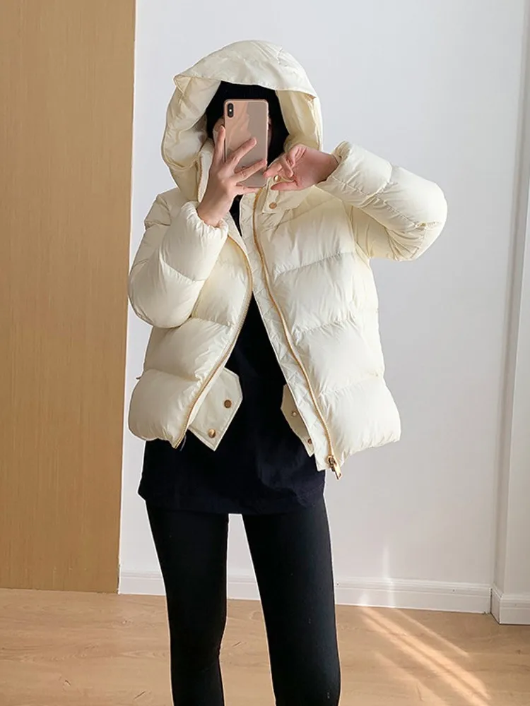 High Quality Women White Goose Down Jacket Short Style Casual Female Thick Warm Overcoat Loose Fit Hooded Windproof Down Coats