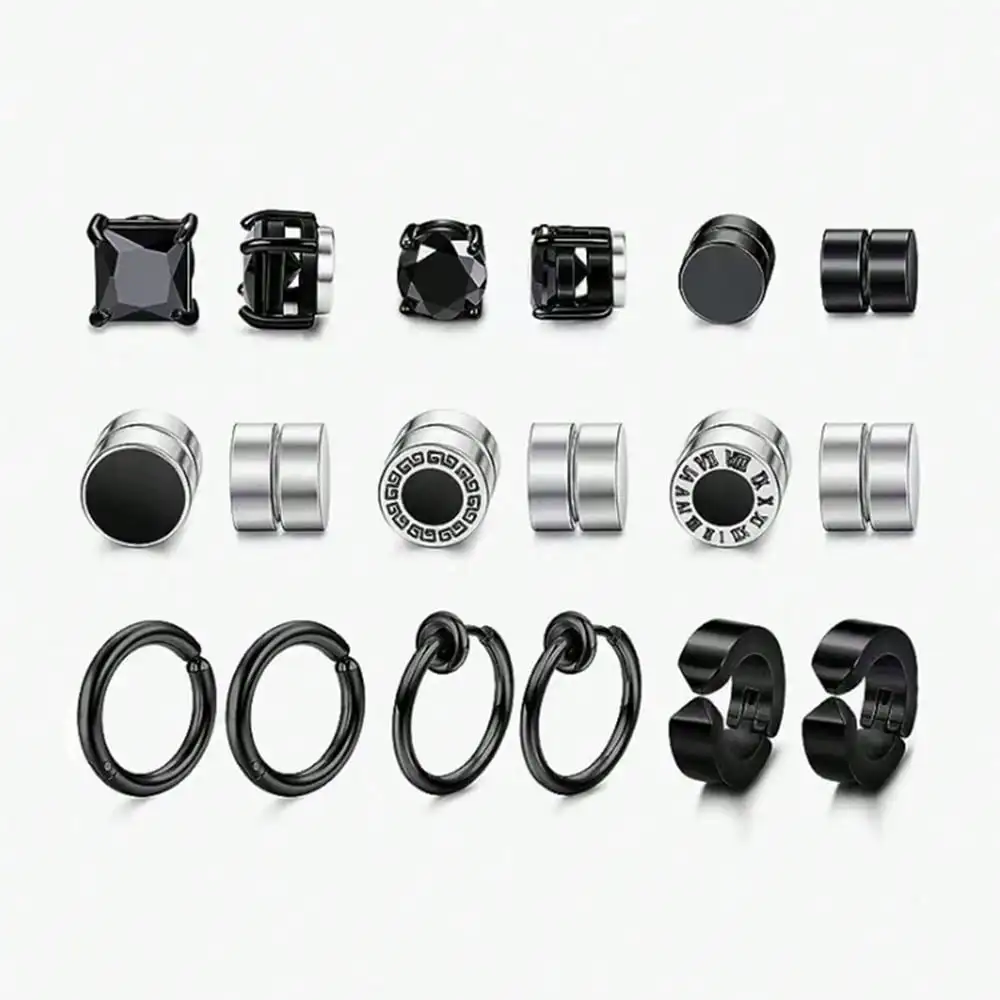 Schlichtes und punktiges, quadratisches, magnetisches, nicht durchbohrtes Ohrringe-Set mit Zirkonia für Männer, Festival-Geschenk