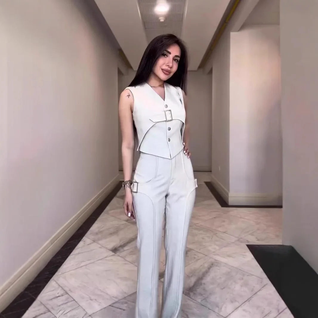 

Faionable Elegance V-Ne Svel Комплект из топа и брюк Длинные брюки ort Sve Комплект женской одежды на пуговицах