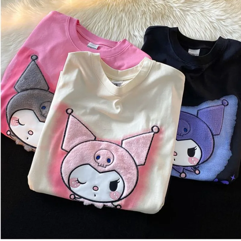 Sanrio Kuromi Cute Harajuku Oversized T-shirt Y2k Women Korean Fashion Short Sleeve Tee Kawaii Anime Cothes Black White Crop Top