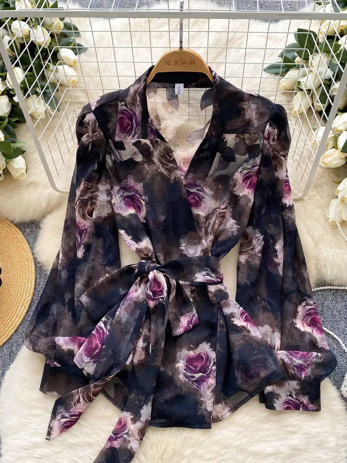 

Women Shirt French Blusa Cross V-neck Bandage Belt Long Sleeve Printed Thin Through Light Luxury Blouse Female Top BL124
