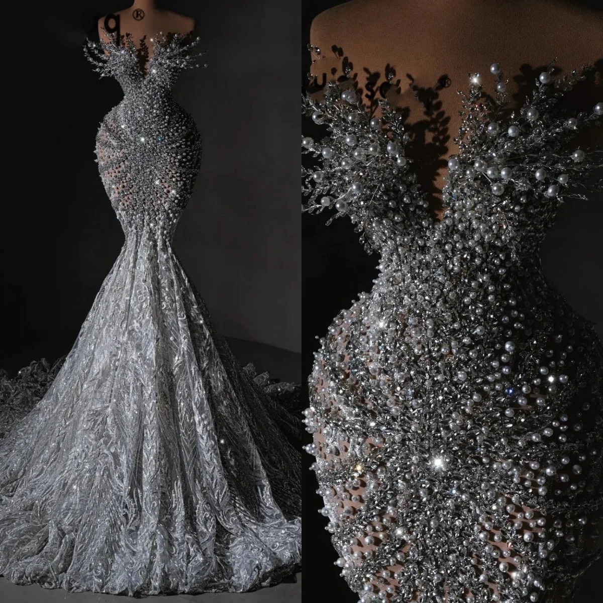 Gorgeous Beaded Mermaid Wedding Dresses Crystal Lace Pearls Bridal Gowns Sleeveless Floor Length Robe De Mariée