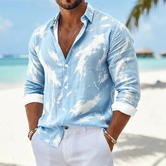 2026 Summer Casual Men's Long Sleeve Shirt Printed Lapel Loose No-Iron Casual Shirt