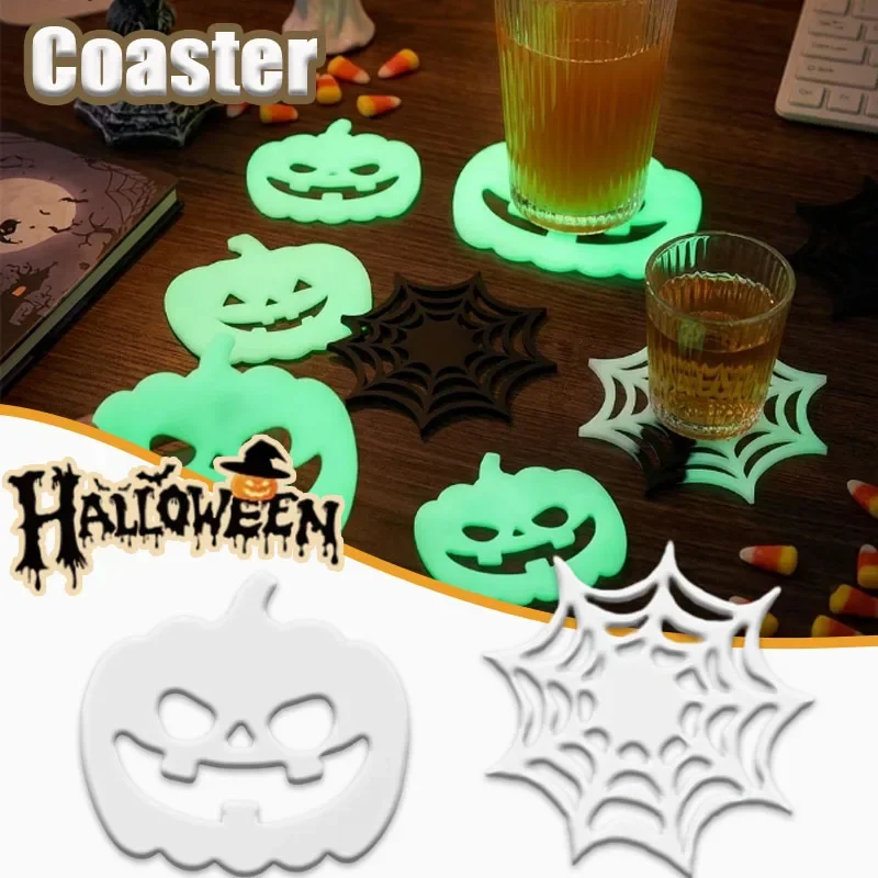 1-10PCS Halloween Coasters Spider Pumpkin Glow in Dark Silicone Coasters Luminous Strip Non Slip Table Mats for Party Bar  Decor