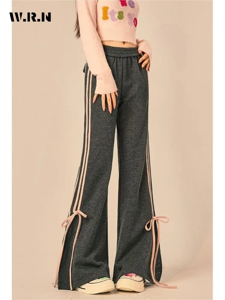 2024 Autumn Casual Style Striped High Waist Wide Leg Straight Pants Women's Fashion Loose Vintage Lace-up Full Length Trousers