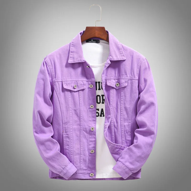 New Fashion Men Purple Denim Jackets Holes Jeans Coats Spring Autumn Solid Denim Coats Male Cotton Casual Fit Jeans Jackets 5XL