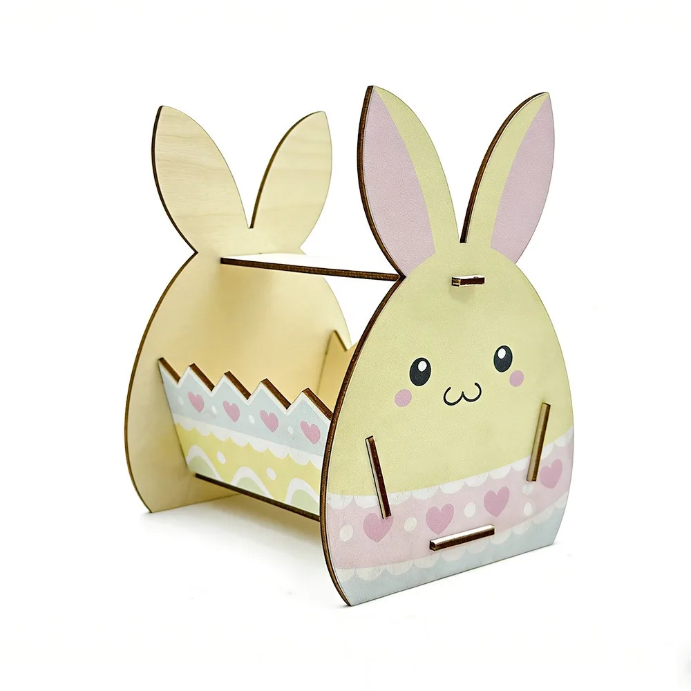 Wooden Easter Bunny Basket Semi-Open Frame DIY Paint Candy Storage Basket Decorative Handmade Crafts Easter Eggs Storage