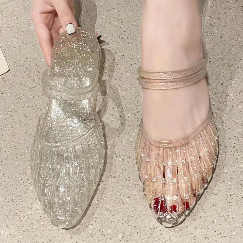 Women Baotou Slippers Summer New Fashion Hollow Soft Sole Anti Slip Transparent Crystal Two Piece Slippers Free Shipping