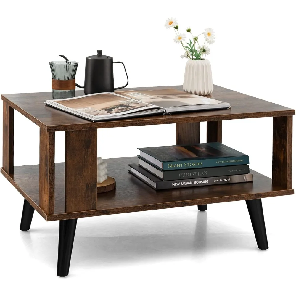 

Small Coffee Table for Small Space, 2-Tier Wooden Center Table with Open Storage Shelf, Side Baffle, Easy Assembly, Ind