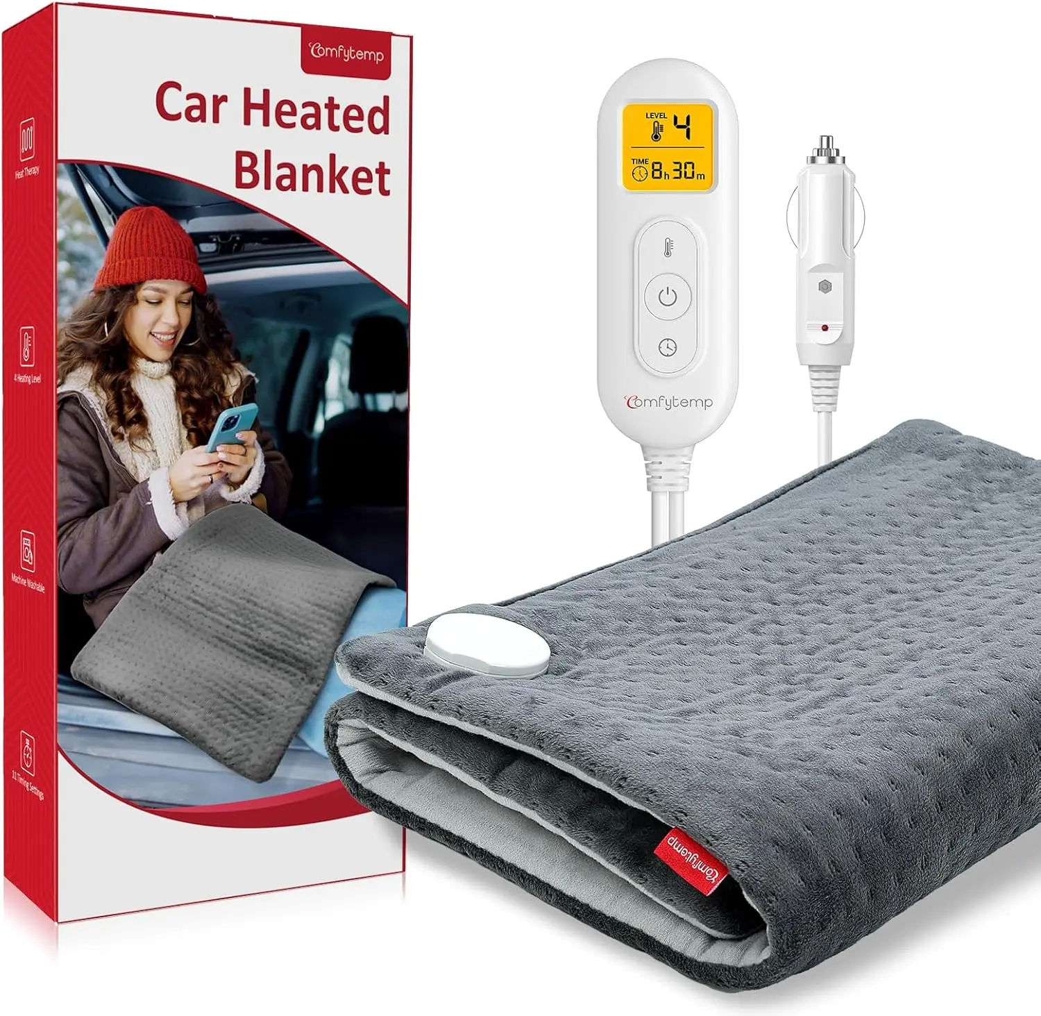 

12V/24V Car Electric Blanket, 17x33 Inch, 4 Heat Settings, Auto-Off Timer, Washable for Winter Travel