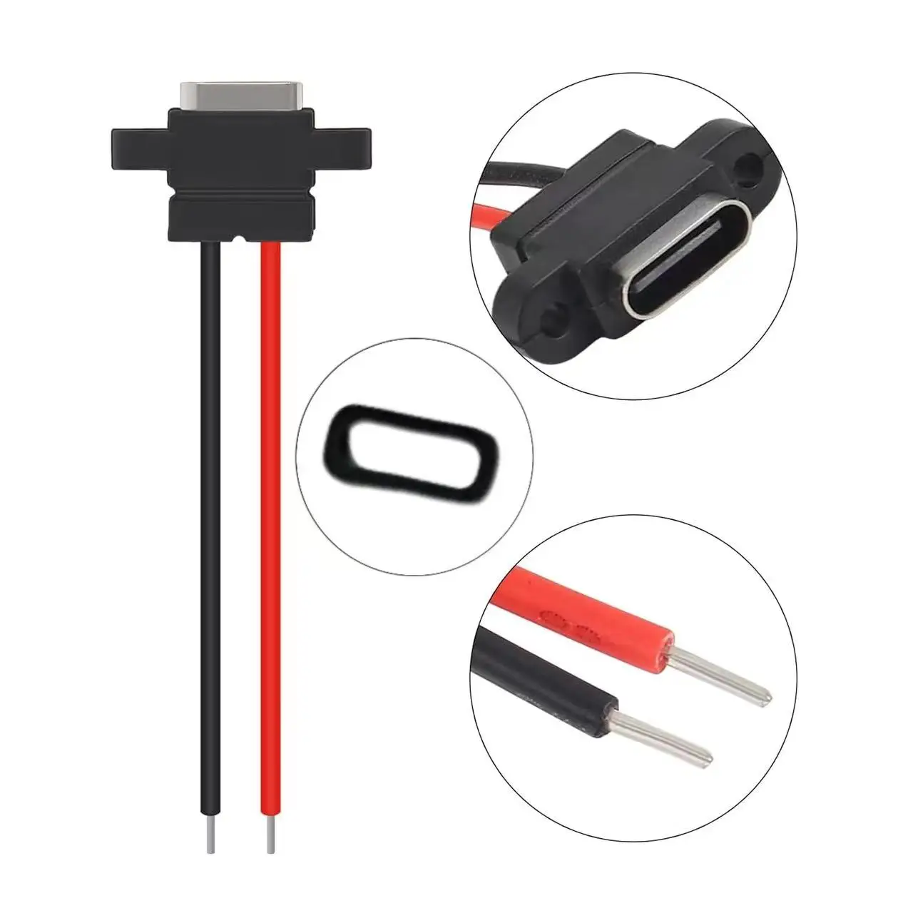 USB 3.1 Type-C Vrouwelijke Connector voor Chassis 2 Pins met Rubberen Ring, Waterdichte Stekker 3A Snelladen Hoge Stroom, Soldeerpoort, voor Elektronica, Klussen en Professioneel