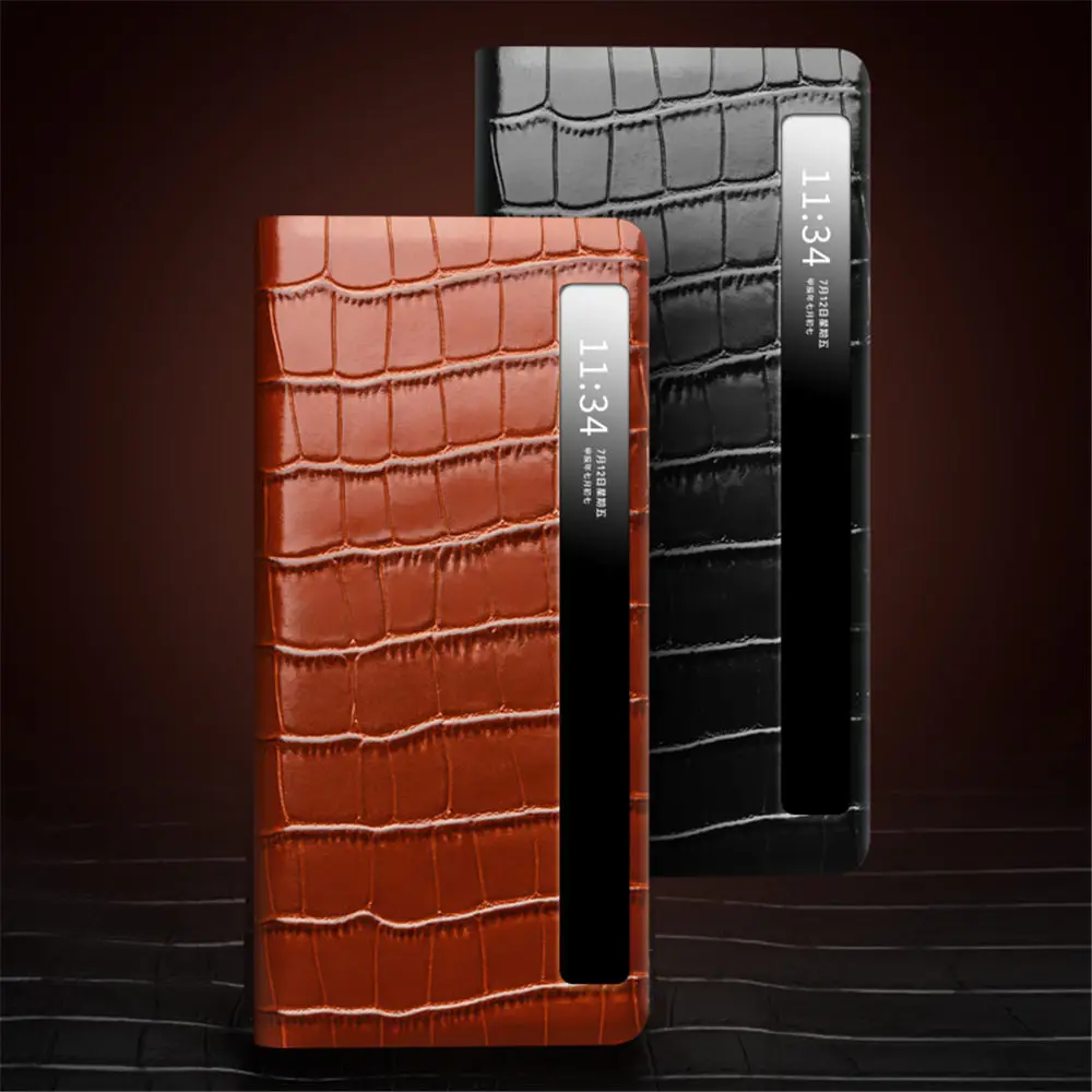 Premium Natural Cowhide Leather Crocodile Magnetic Flip Case For Honor Magic V3 Window View Holder Cover