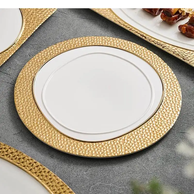 Gold-plated Wood Grain Ceramic Dinner Plate Dessert Sushi Snack Plates Molecular Cuisine Specialty Tableware