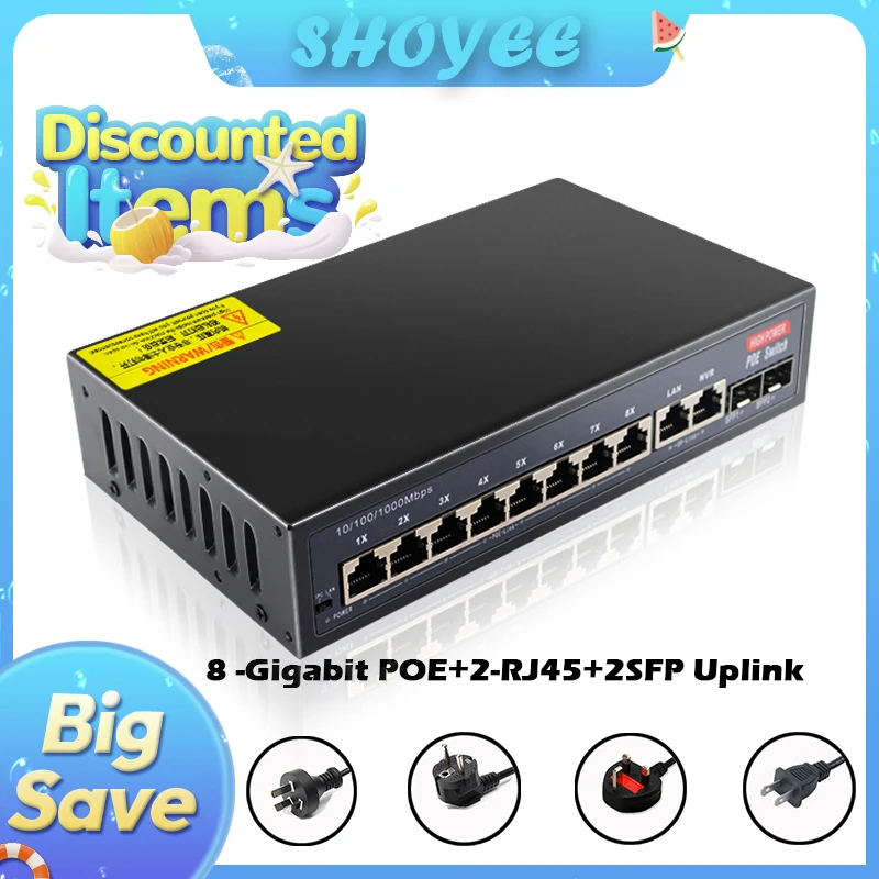 New 12-Port Gigabit POE RJ45 Ethernet Switch SFP with for 802.3af/at Uplink Unmanaged Plug and Play,for IP Camera/NVR