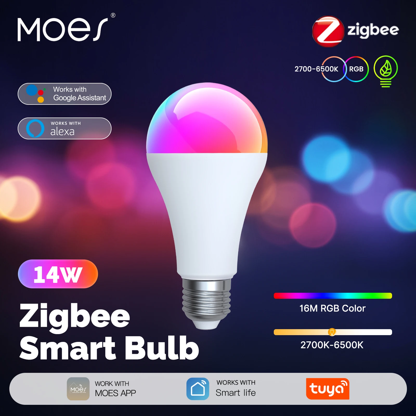 

MOES Zigbee Smart Bulb RGB+CW 14W E27, Dimmable 2700K-6500K, Tuya App Control, Compatible Alexa Google Home, Voice Remote