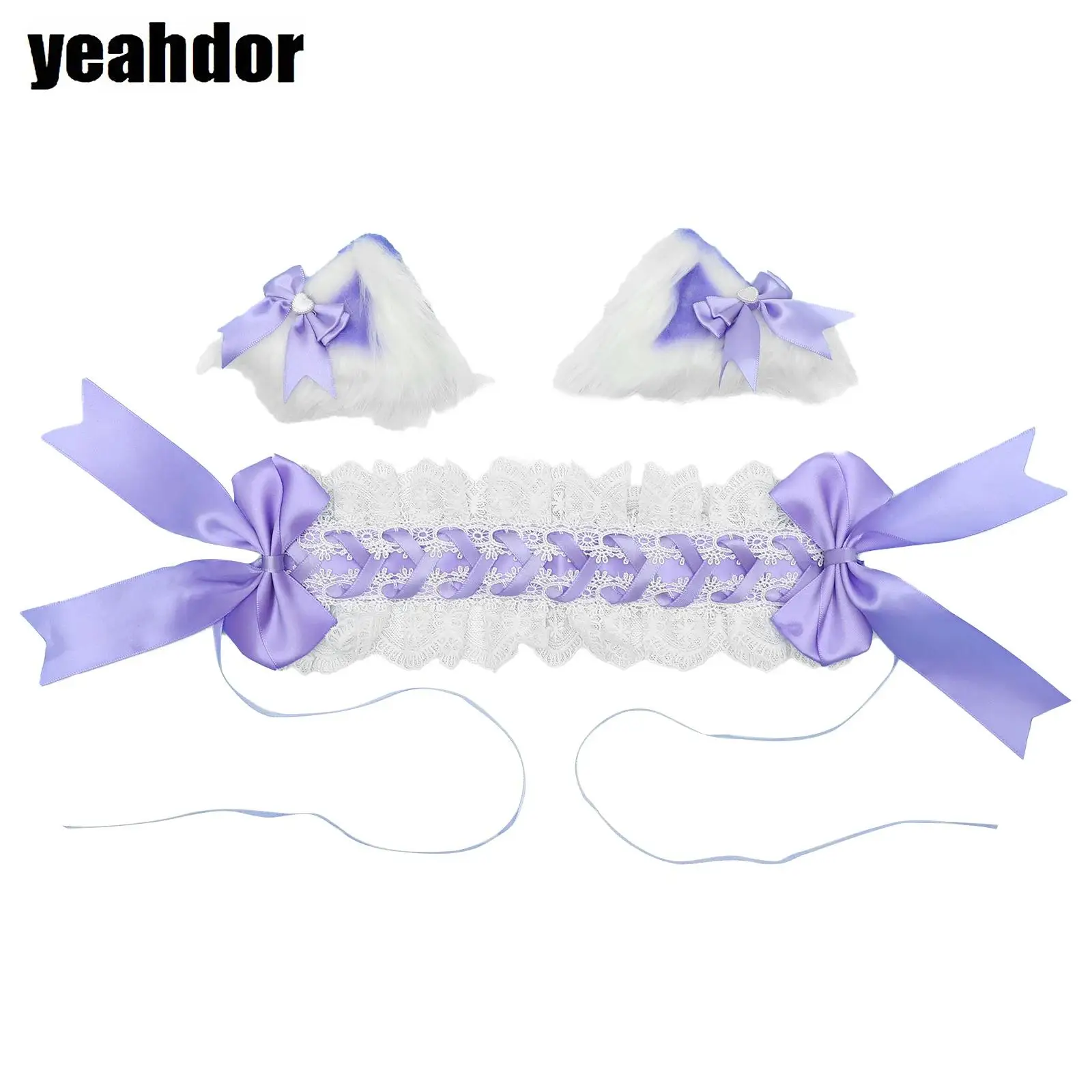 

Women Cute Maid Cat Ears with Ruffled Lace Bow Ribbon Hairband Headwear Headband Costume Accessories Set for Cosplay Party