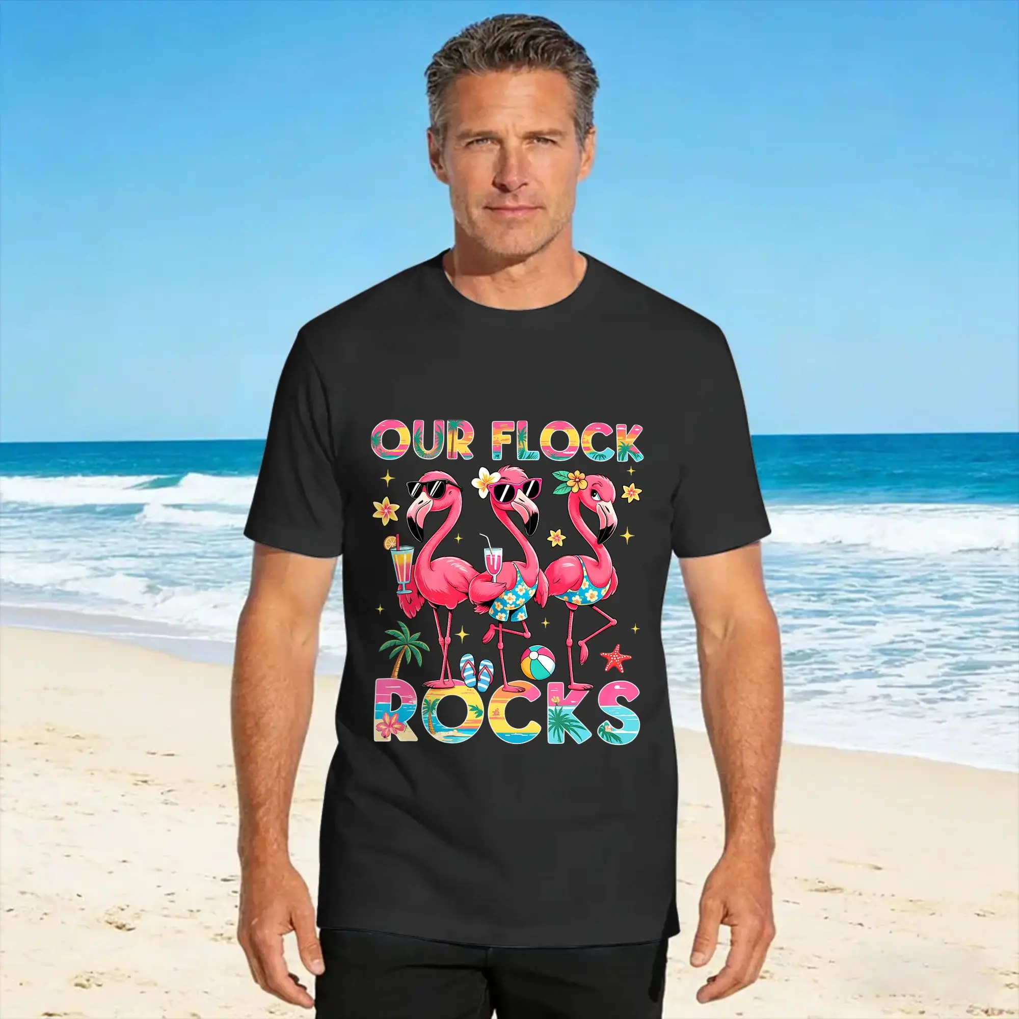 Camiseta para hombre Our Flock Rocks Flamingo, camisetas familiares para vacaciones de verano, camiseta popular de verano Y2K, camisetas informales de algodón, regalo