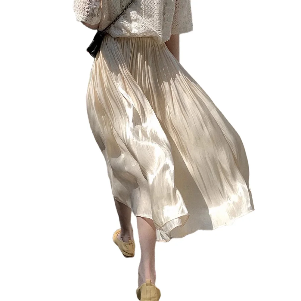 Gonna longuette a trapezio Ele per donna Gonne estive in chiffon Vita alta Tessuto sottile adient Maglia di seta Gonna da donna di alta qualità...