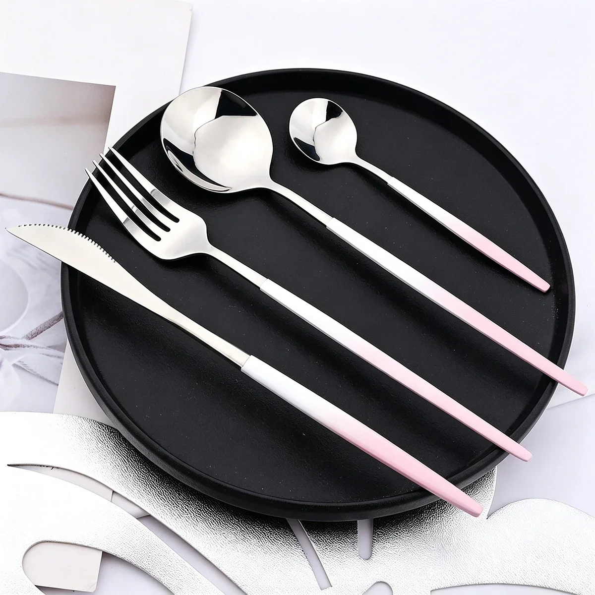 4Pcs Gradient Handle Dinnerware Set Stainless Steel Cutlery Knife Fork Spoon Teaspoon Flatware Set for Home Restaurant Kitchen