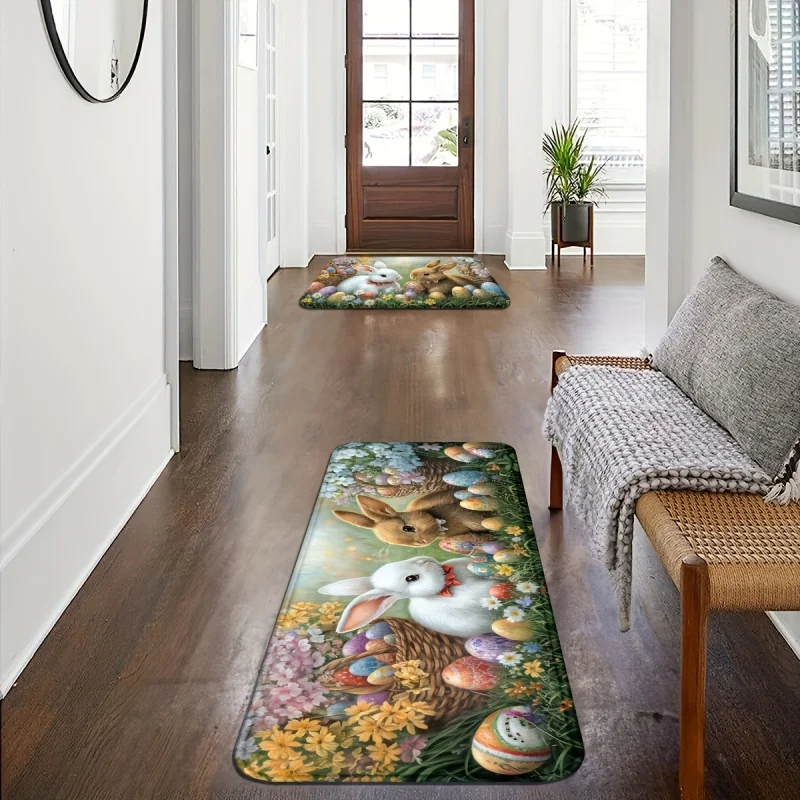 VIKAMA Easter Bunny Rug Double Bunny Easter Egg Basket Soft Non-Slip Entryway Warm and Cute American Home Decor