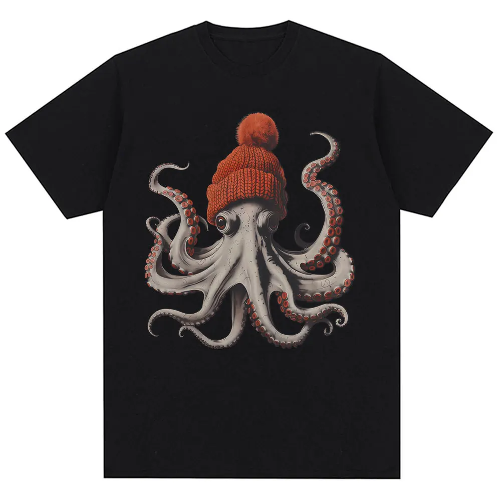 Funny Octopus Wearing Beanie Print T-Shirt Men Women Fashion 90s Vintage T Shirts Oversized 100% Cotton Casual O-Neck T-shirts