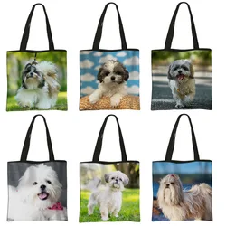 Cute Shih Tzu Dog Print Shopping Bag Animail Pattern Handbag Girls Storage Shoulder Bags Eco Reusable Shopper Bag Gift