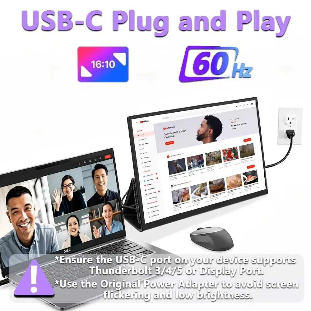 16-Inch Portable Monitor 1920×1200 Travel External Screen 16:10 HDR USB-C&HDMI VESA Compatible with Cover for Mac PS4/5 Desktop