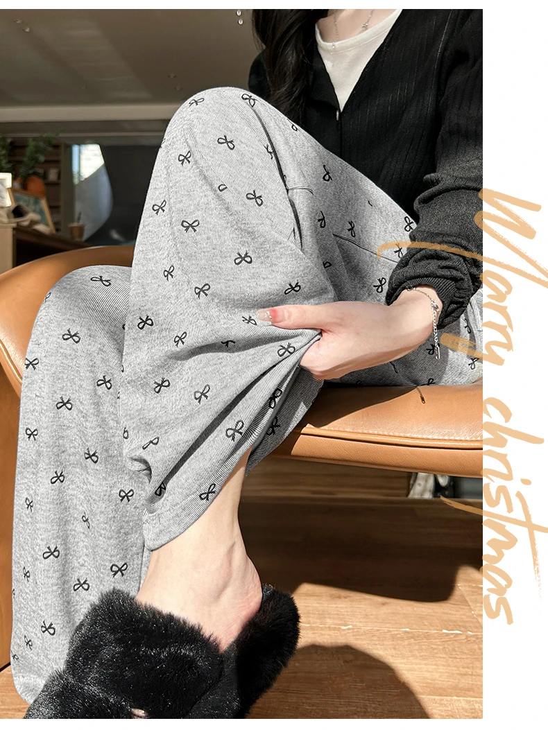 Women's Lounge Pants Drawstring Elastic Waist Cute Bow Print Wide Leg Pajama Pants Teen-girl Bottoms Youth Clothes
