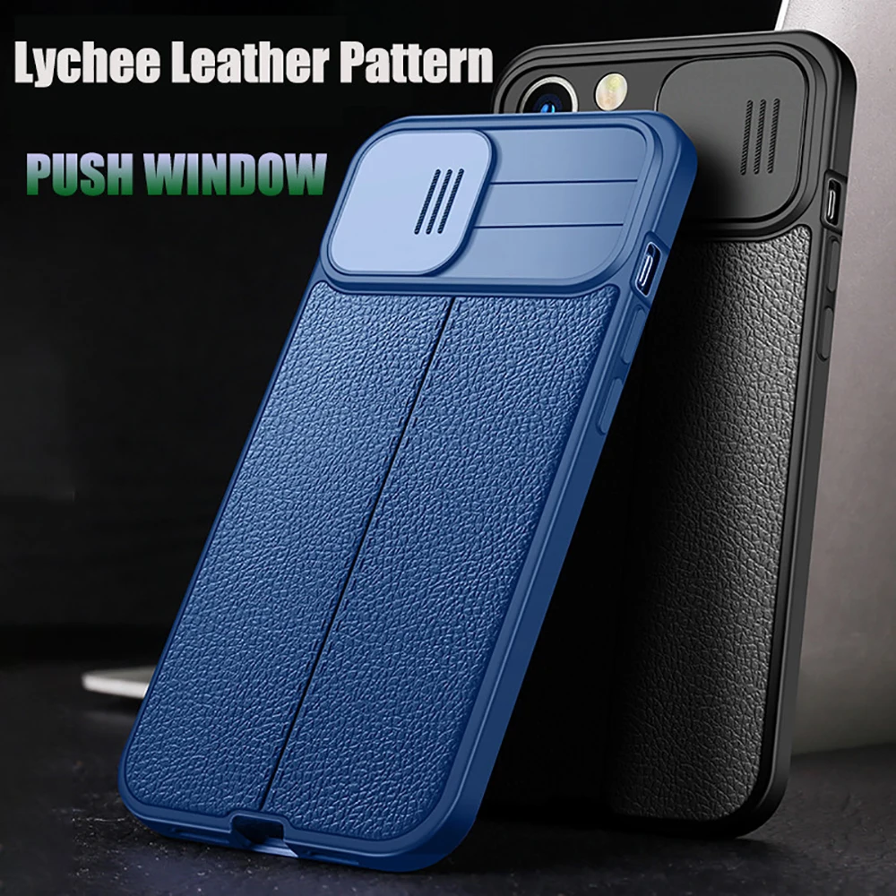 Sliding Window Protection Phone Case For iPhone 14 13 12 11 Pro Max XR X XS Max 13 Pro 14 Plus Lychee Pattern Leather Back Cover