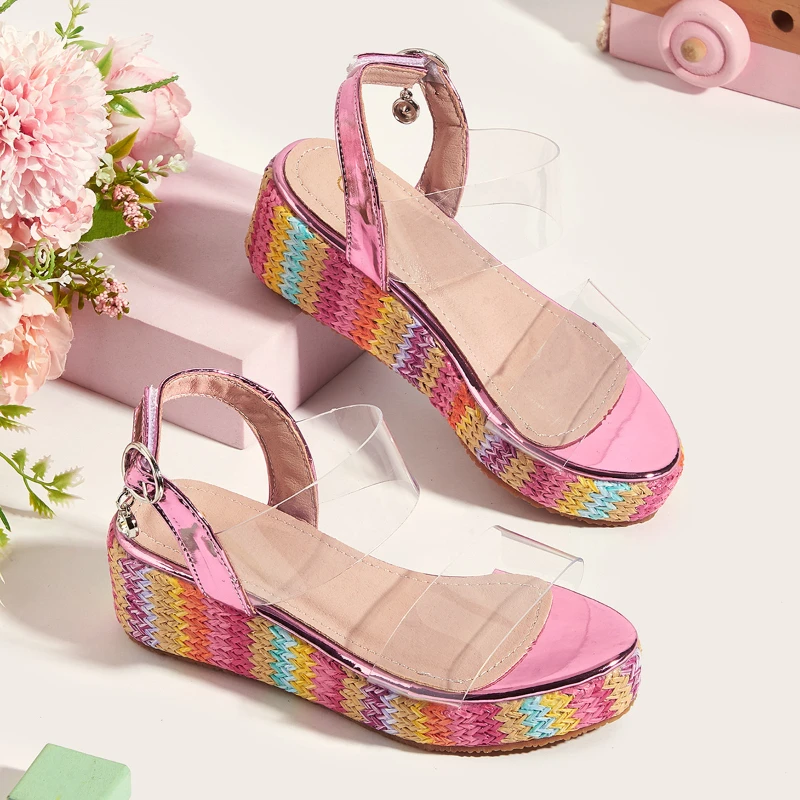 

Kids'Sandals Shoes PU Leather Peep Toe Rainbow Summer Shoes For Girls Anti-slip Soft Thick Bottom Pink Shoes Size 27-36