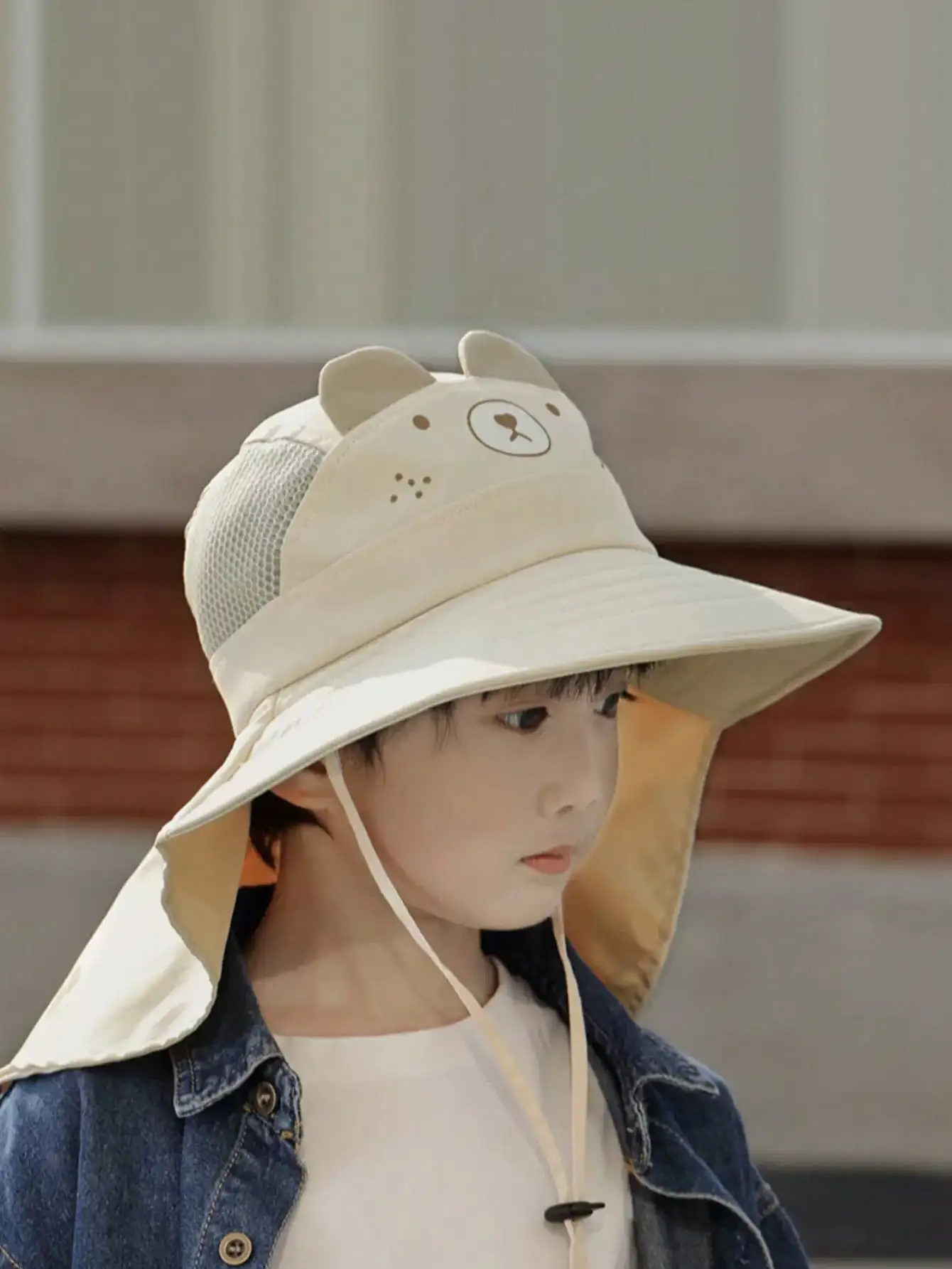 1pcs Kids Cartoon Bear Bucket Hat with Sun Protection Cape, Adjustable Strap & Random Whistle, Beige Outdoor Hat for 4-10Y Boys view 3