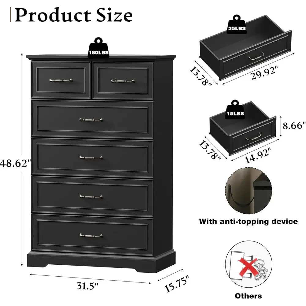 DAFIFY Cômoda de 6 gavetas para quarto, 49 cômodas modernas com gavetas profundas e alças de bar, suporte de TV de madeira rústica, órgão de armazenamento de madeira