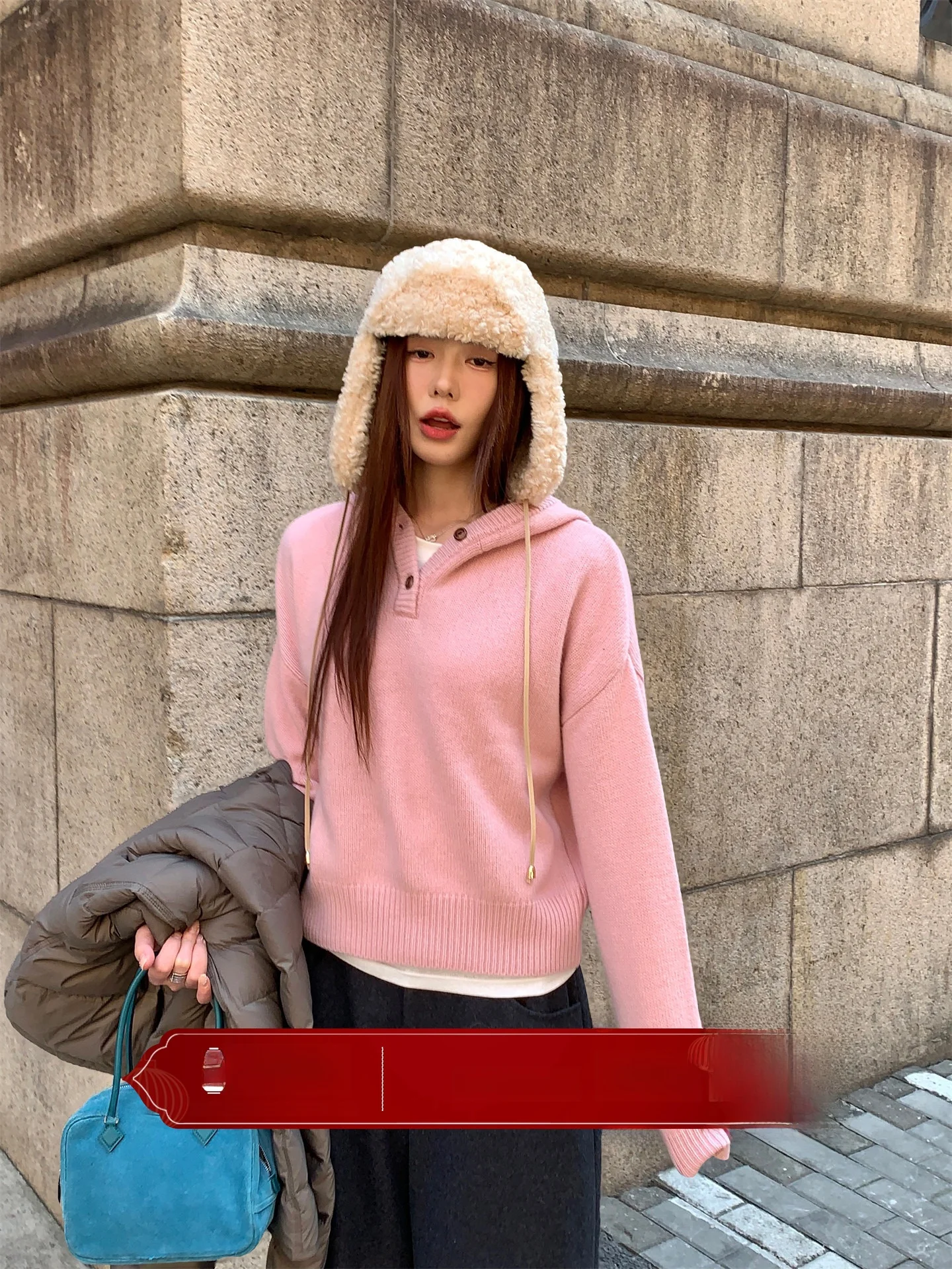 

Розовый шерстяной вязаный свитер с капюшоном, свободный крой, на пуговицах, женский, повседневный, длинный, осенний