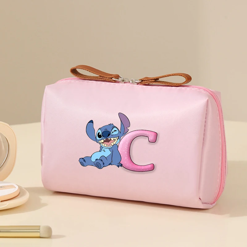 Bolsa de maquillaje con tema de Stitch, bolso de mano con letras de dibujos animados de Disney A-Z, bolsa de almacenamiento de moda para mujer, bonitos bolsos de monedas rosas, regalo de cumpleaños divertido