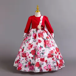 HETISO Floral Chiffon Dress For Kids Long Sleeve Girls Birthday Princess Dresses Evening Formal Occasion Festive Gown 6 8 10 12