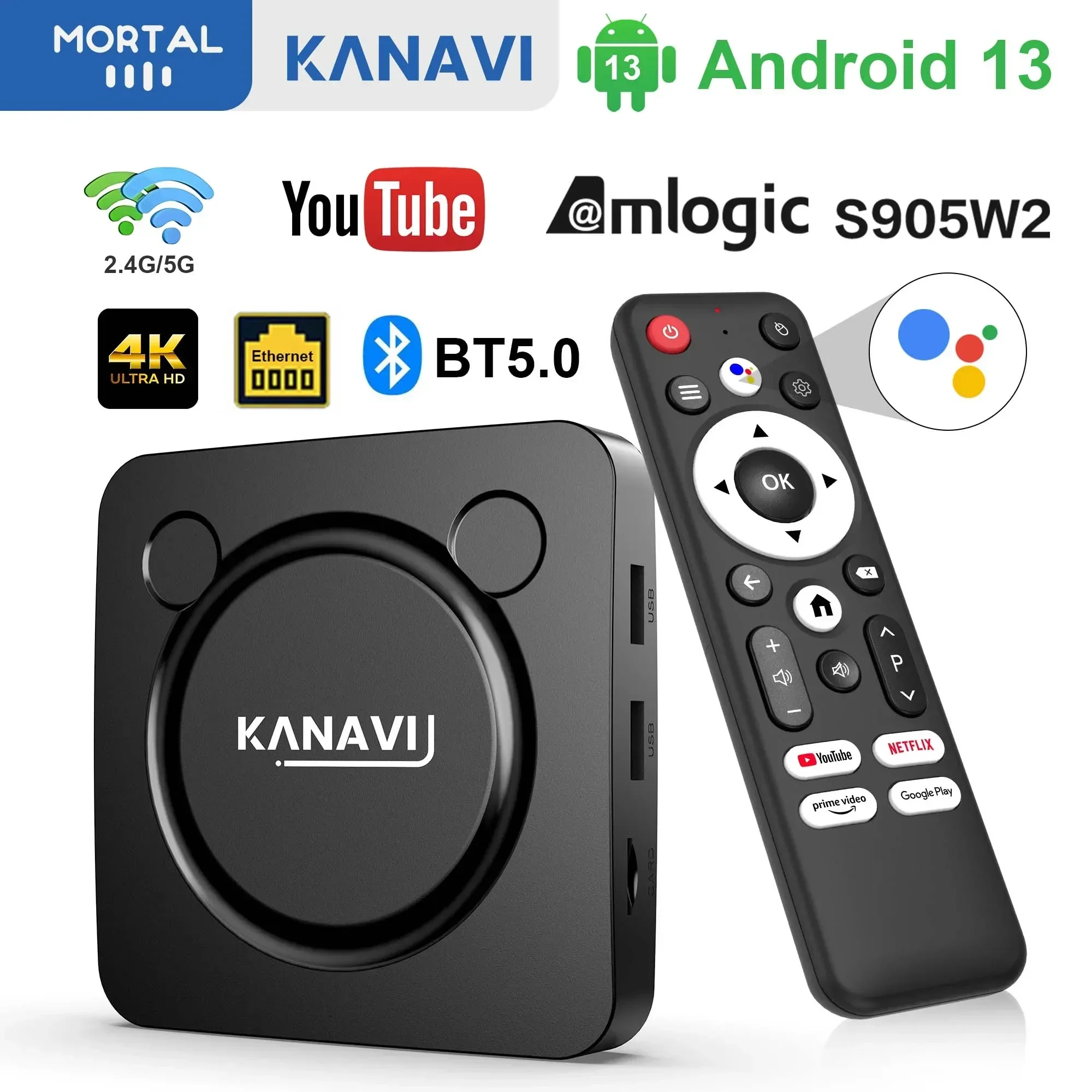 

HOT Mortal KANAVI Android 13 TV BOX Amlogic S905 Voice control Support BT5.0 4K Wifi6 Chromecast Input 100M LAN televisor Media