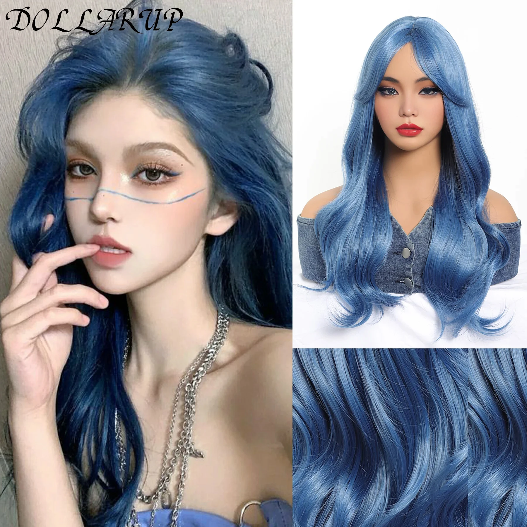 JKL 22Inch Sea Blue Color Synthetic Wigs Middle Part Long Natural Wavy Hair Wig For Women Cosplay Drag Queen Party Heat Resistan
