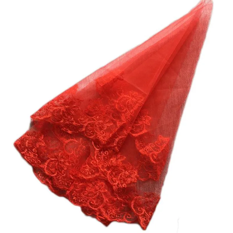 One-Layer Women Girl Red Wedding Veil Embroidery Floral Lace Trim Halloween Cosplay Costume Sheer Hair Accessories