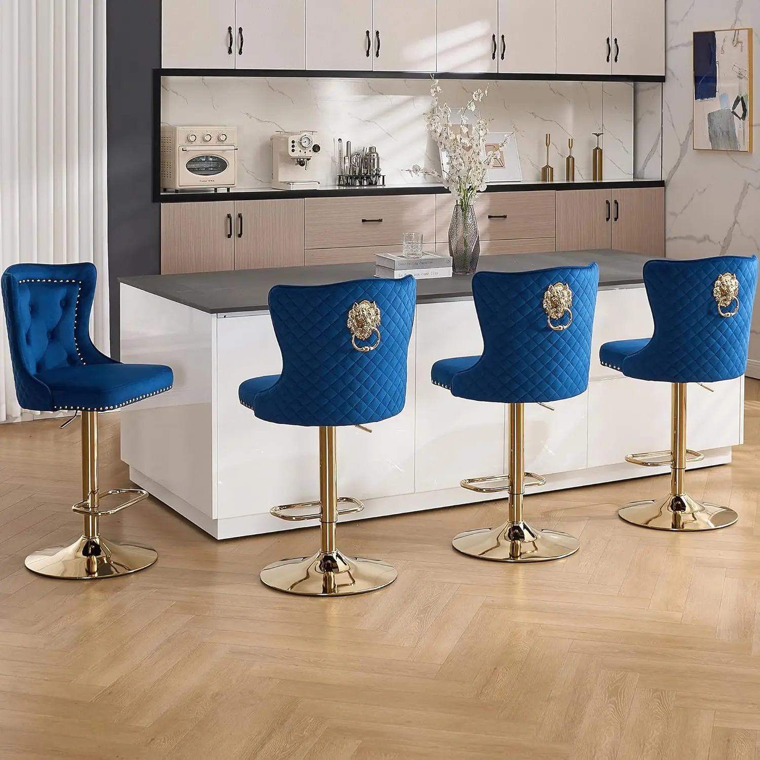 

Velvet Gold Bar Stools Set of 4,Modern Swivel Adjustable Counter Height Barstools w/Wing Back/Lion Head Pull, Customized