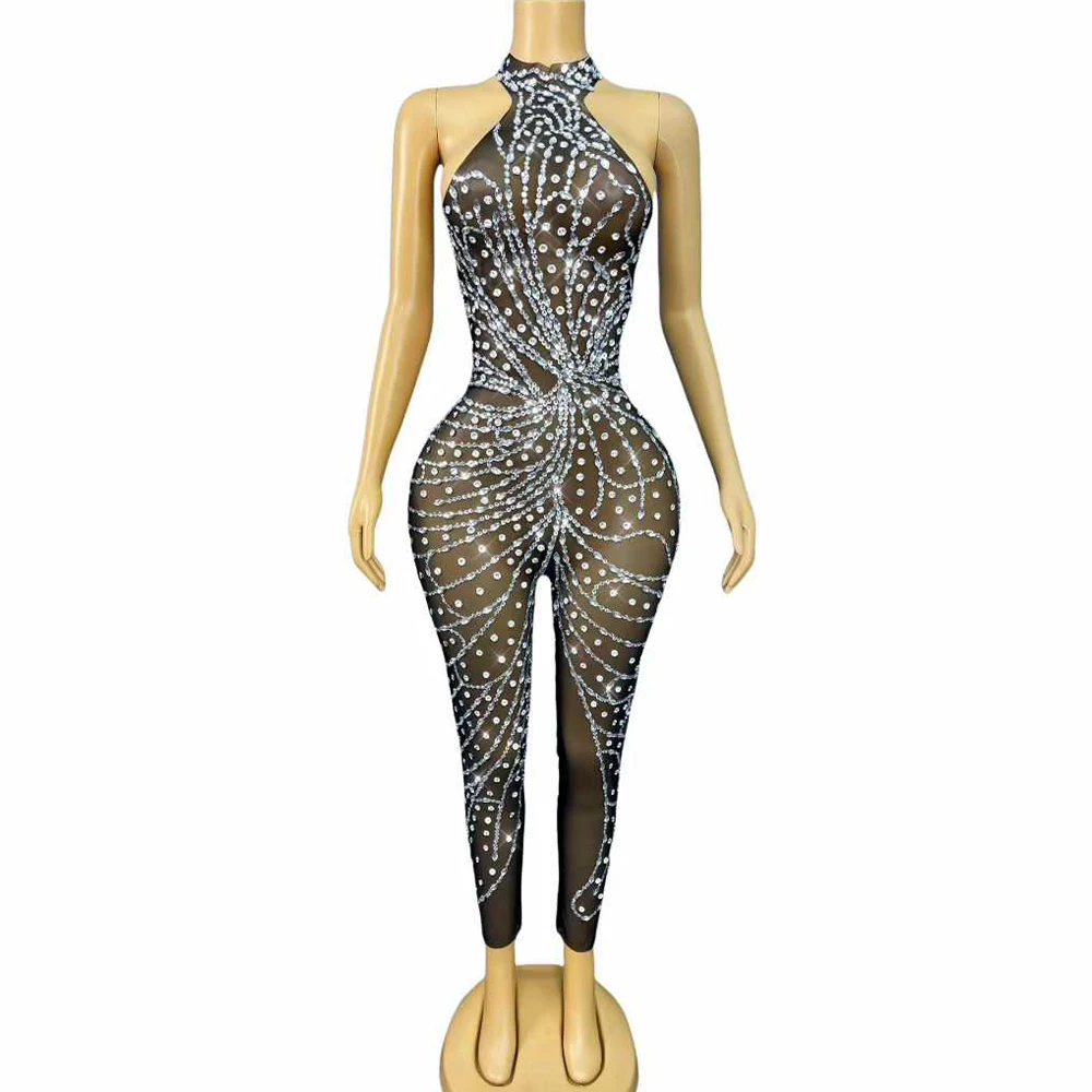 

Luxurious Sexy Sparkly Rhinestones Transparent Mesh Jumpsuits Birthday Party Celebrate Club Outfit Dancer Performance Stage Wear