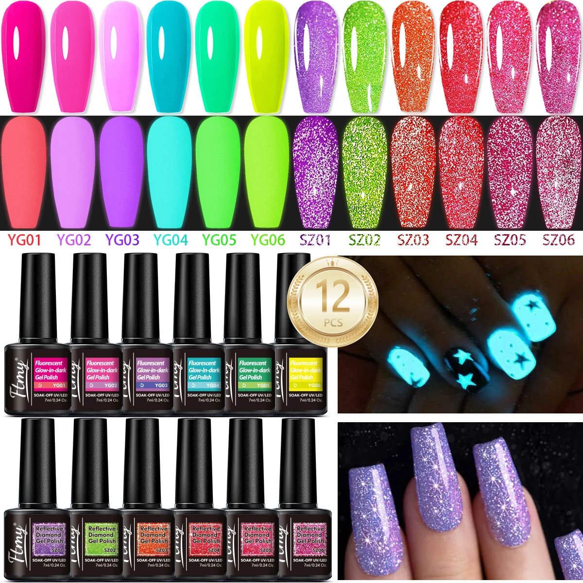 12pcs/set colorful luminous diamond gel nail polish set gift box: long-lasting, LED/UV, easy to peel off, odorless - nightclub p