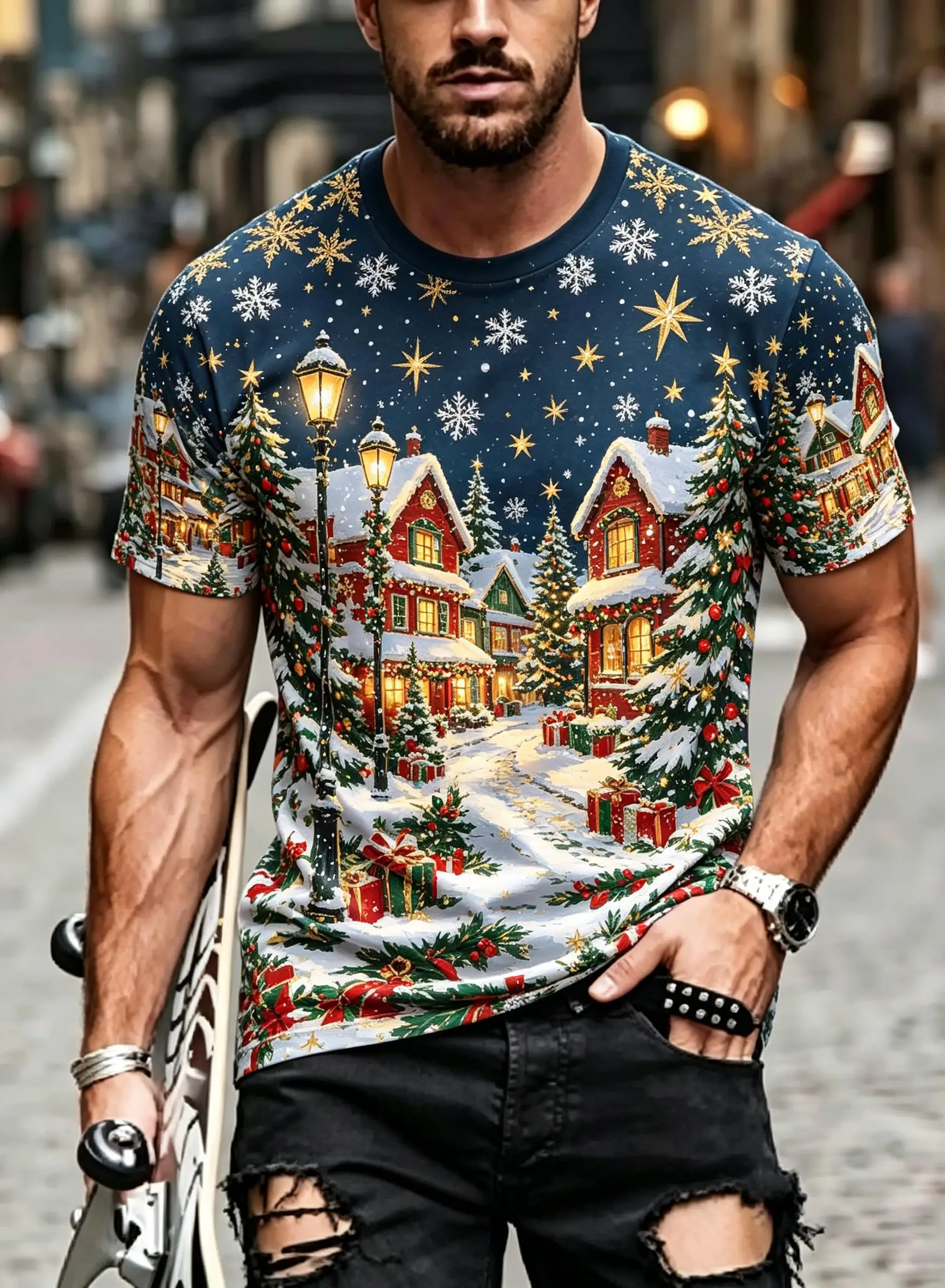 Men's Christmas Short Sleeve T-shirt Snowy Winter Village House Street Lamp Snowflake Print Crew Neck Polyester Tee