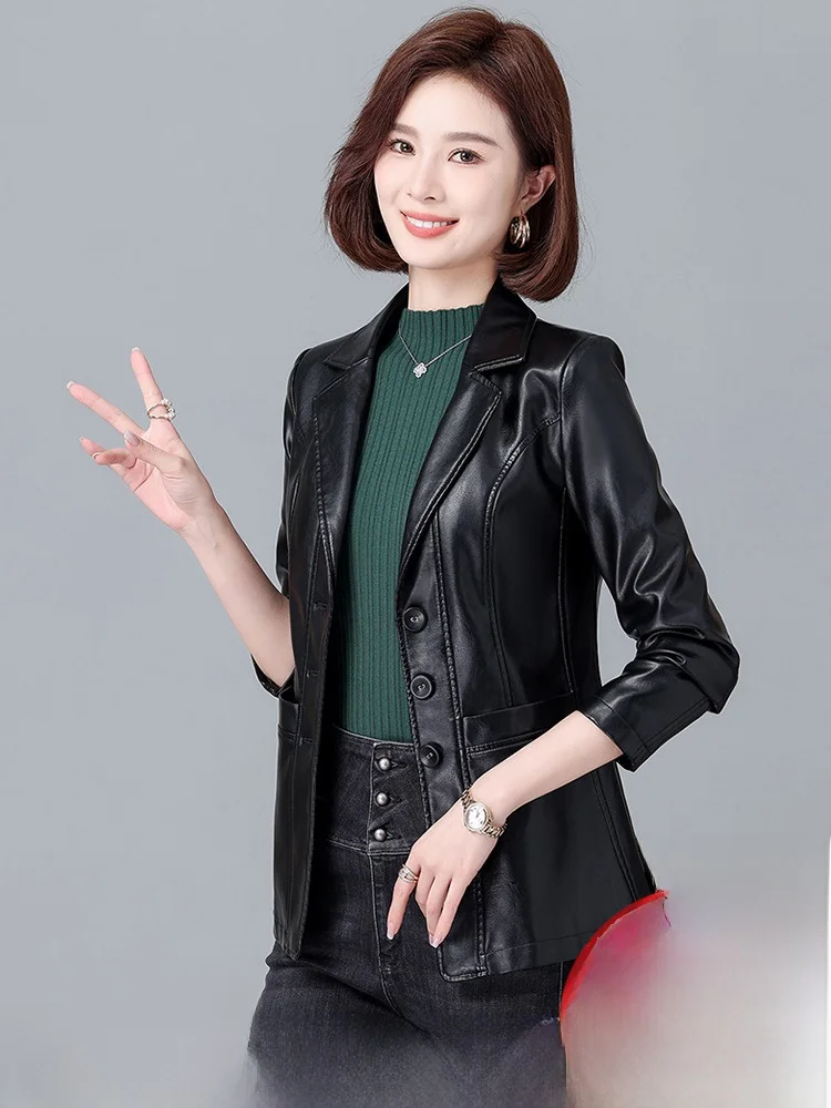 女性の革製ジャケット秋冬スリムフィット韓国スリムフィット大型シープスキンコートビジネススーツ襟付きアウター