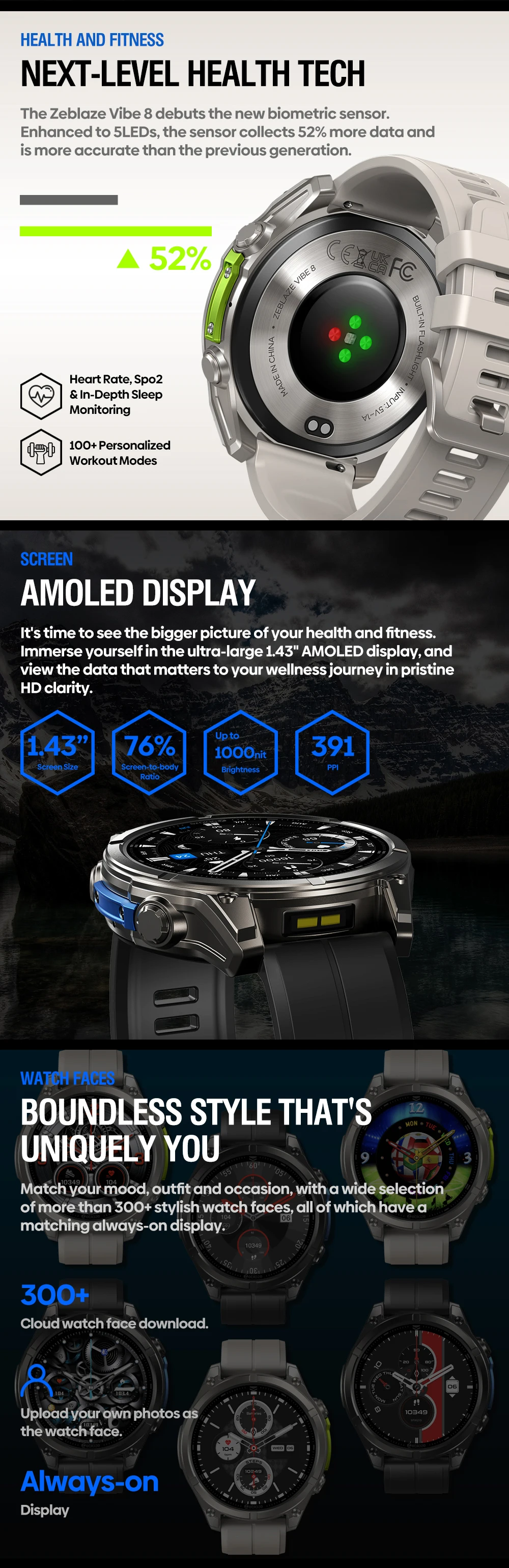Neue Zeblaze VIBE 8-AMOLED-Display, integrierte Taschenlampe, Smartwatch, Saphirglas, Anrufe machen/empfangen, HR/BP-Überwachung, Smartwatch – Detail 3